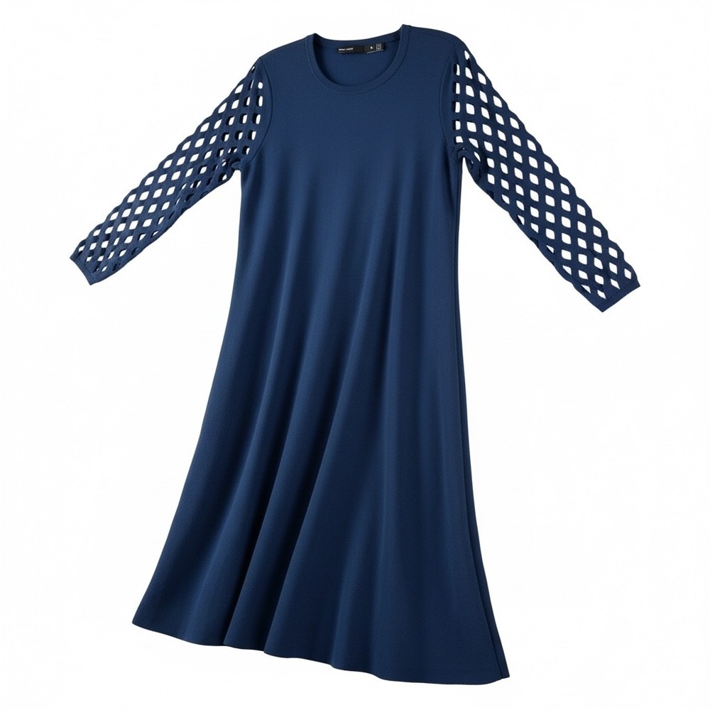 Karen Millen Navy A-Line Dress M Lattice Knit Sleeve Midi Elegant‎ Minimalist